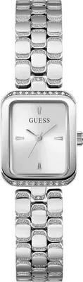 A silver Guess watch with a square face and a metal band, set against a white background.