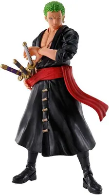 A full-body shot of an action figure of the character Roronoa Zoro from One Piece.