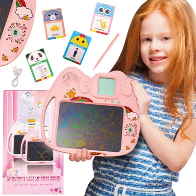 Zdjęcie produktu dla Tablet do rysowania znikopis Czytnik kart do nauki języka angielskiego 2w1 112 kart dwustronnych różowy Sun Baby