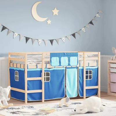 Produktbild von CLORIS Kinderhochbett ,Etagenbett, Kinderbett mit Vorhängen Blau 90x190 cm Massivholz Kiefer, 25,17 kg