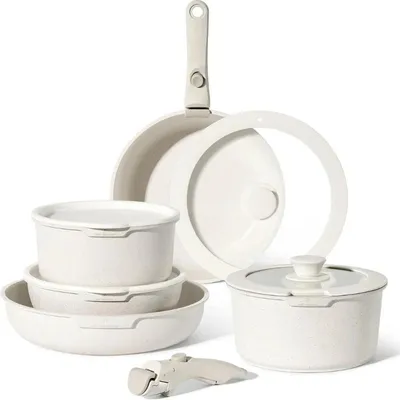 Produktbild von Topfset 11-teilig mit abnehmbaren Griffen, Granit, Induktion, Beige