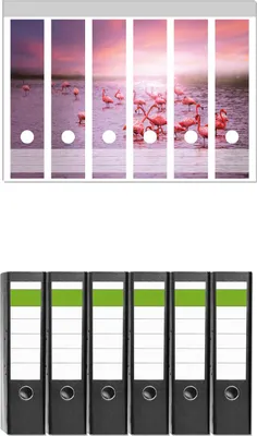 Produktbild von Wallario 6 Stück breite Ordner inkl. Klebeetiketten mit Motive Rosa Flamingos bei Sonnenuntergang -  Set mit Rückenschildern / Ordnerrücken Stickern