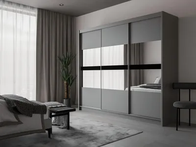 Produktbild von Krudox PRBT 250 cm Graphit Schwebetürenschrank Mit Spiegel Kleiderschrank Für Wohnzimmer Mit Kleiderstange und 2 Schubladen, Farben: Weiss/Graphit