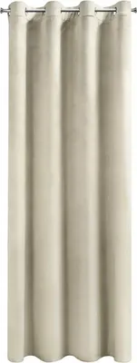 A close-up, full-length view of a cream-colored curtain hanging from a curtain rod.
