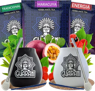 Image de Guarani - Coffret de thé maté Maracuya, Energia, Elaborada (3 échantillons de 50 g) - 2 tasses en céramique (noire et blanche) - Bombilla - Saveur fumée - Yerba maté - Paraguay