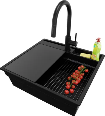 Produktbild von PRIMAGRAN Granitspüle Alles Schwarz 58x53cm, Spülbecken 1 Becken + Ablauf-Set + Küchenzubehörset, Küchenspüle ab 60er Unterschrank - Oslo Pocket