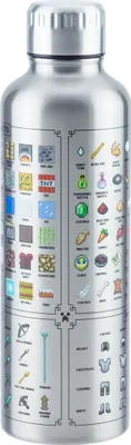 A silver metal water bottle with Minecraft-themed graphics and text.