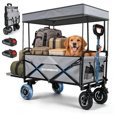 Image de Chariot électrique avec toit de protection et pneus pneumatiques | 2 batteries de 2,0 Ah et 2 moteurs de 50 W | Capacité de 240 litres, charge maximale de 120 kg | Compatible avec les batteries Makita | Chariot pliable pour le camping et les courses