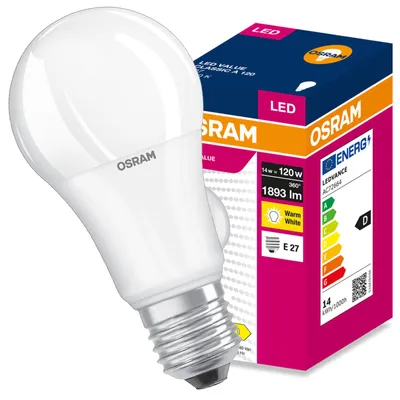 Produktbild von LED-Lampe E27, A60, 14W = 120W, 1893 lm, 3000K (warmweiß), 180°, VALUE CLASSIC, Osram, KI-generiertes Bild