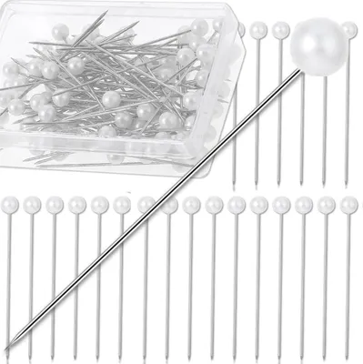 Immagine prodotto di EDIBAZZAR | Spilli da sarto, set da 100 spilli con testa rotonda, 65 mm, bianchi, perlati