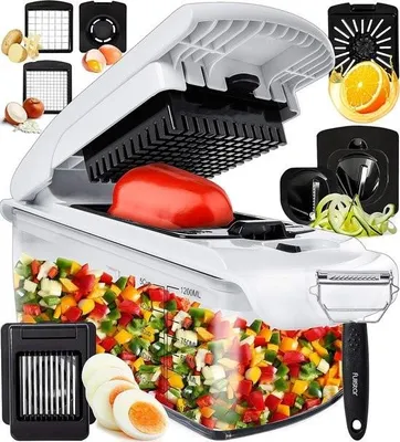 Produktbild von 9-in-1 Gemüseschneider, Zwiebelschneider, Zerkleinerer, manueller Spiralschneider – Multifunktions-Gemüseschneider, Zwiebelwürfelschneider, Salatschneider, Kartoffelschneider – Entsafter, Eierschneider, Eigelbtrenner, Sparschäler