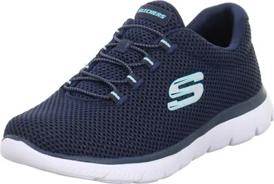 A single navy blue Skechers sneaker with white soles and light blue accents is shown from a side angle against a white background.