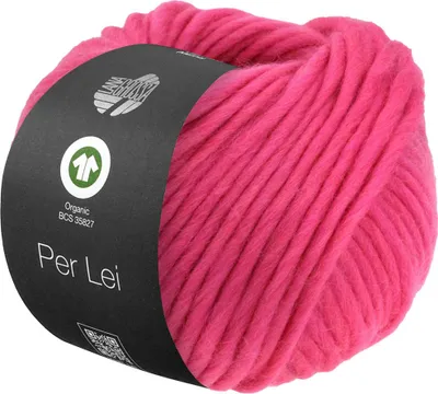 A ball of pink yarn with a label.