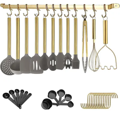 Image de Ensemble d'ustensiles de cuisine, 38 pièces, en silicone antiadhésif, avec support, couleur argent