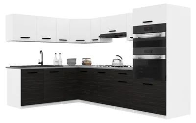 Produktbild von Belini Moderne Küchenzeile Küchenblock ITALIA 8 - Küchenmöbel 420cm Weiß-Ebenholz Matt - Einbauküche mit Hängeschränke, Unterschränke & Arbeitsplatten