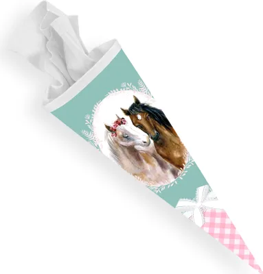 Produktbild von itenga Schultüte Zuckertüte 70cm rund Pferde Filzverschluss weiß