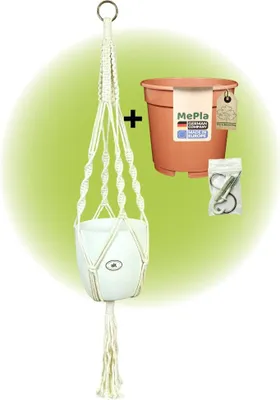 Produktbild von MePla - Set - Ampel Makramee Naturbeige - Basel ø16 Weiss + Kulturtopf ø15 + Beipack-Set 21550-001