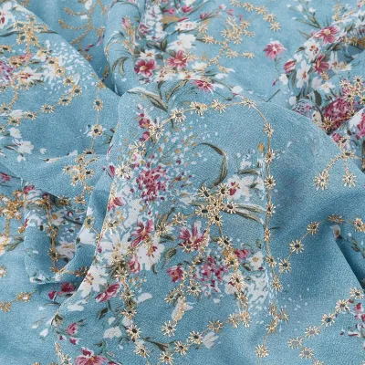 Blumenstoff mit Stickerei, 6,1 m x 150 cm, Polyester, blau