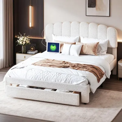 Imagen del producto de Cama tapizada INONEFT de 160x200 cm con cabecero ajustable en altura, cama juvenil de matrimonio con puertos USB y enchufes, cama con espacio de almacenamiento, tapizada en tela tipo "teddy", color beige