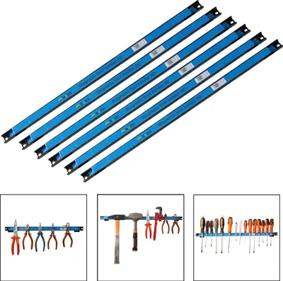 A collage of images showing magnetic tool holders and tools organized on them.