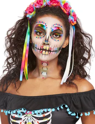 Zdjęcie produktu dla Zestaw do makijażu szkieletów dla kobiet z naklejkami, dżetami i opaską do włosów Kolorowy makijaż na Halloween