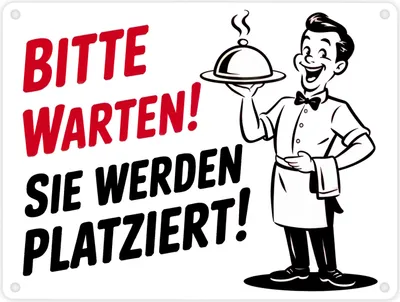 Produktbild von Fröhlicher Cartoon-Kellner - Bitte warten Metallschild in 15x20 cm