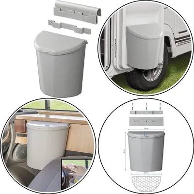 Collage of images showing a camping trash can and its components, installation, and use in a caravan.