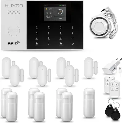 Produktbild von HUXGO HXA005 Alarmanlage Haus WiFi + GSM 4G mit Sirene Alarm System mit 7x Bewegungssensor und 7x Tür- Fenstersensor, Tuya Smartlife App