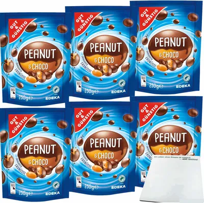Produktbild von Gut & Günstig Dragierte Erdnüsse braun mit Schokolade 6er Pack (6x250g Packung) + usy Block