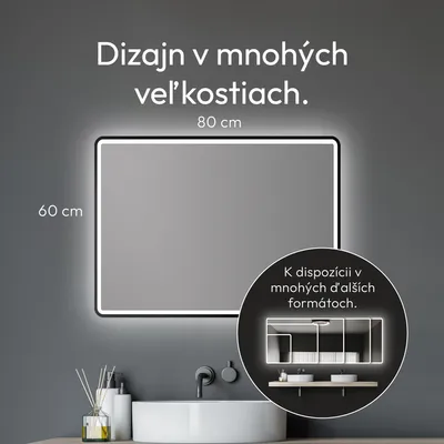 Obrázok produktu pre Kúpeľňové zrkadlo LED TALOS 80x60 cm - kúpeľňové zrkadlo vhodné do vlhkých miestností s osvetlením matný čierny hliníkový rám nástenné zrkadlo svetelný rám