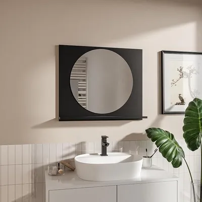 Produktbild von Badspiegel mit Ablage Schwarz H:60 x B: 70 cm Rund Spiegel ?55 cm Bathroom Mirror Moderner Badezimmer Spiegel Rechteckig Wandspiegel mit Regal