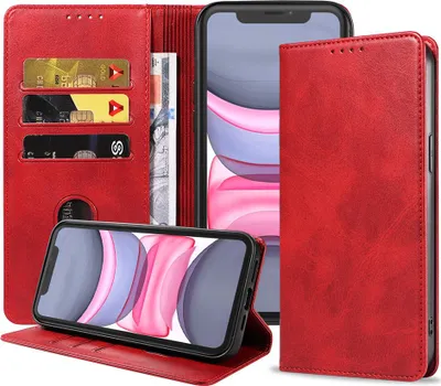 Produktbild von Smartphonica iPhone 11 Kunstledertasche  mit Magnetverschluss und Kartenhaltern Buchhülle - Rot