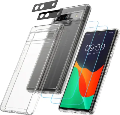 Produktbild von kwmobile 5in1 Set Handyhülle kompatibel mit Google Pixel 7a Hülle - 1x stoßsichere Schutzhülle 2x Schutzglas Display 2x Kamerschutz Glas - Transparent
