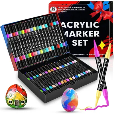 Obrázok produktu pre Sada akrylových fixiek, 36 farieb, vodeodolné, s dvojitou špičkou (0,5-5 mm), vhodné na kamene, drevo, sklo, keramiku, pre kreatívne projekty (DIY)