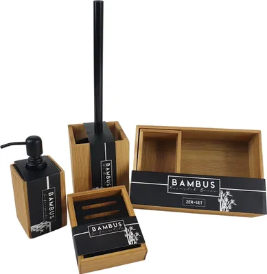 Produktbild von Bambus Badezimmer Set 4tlg. Badzubehör Seifenschale Seifenspender WC-Bürste Kosmetik- Kästchen