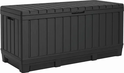 A black outdoor storage chest is shown against a white background.