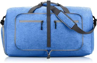 Produktbild von Unyqoos® Faltbare Reisetasche 65 L – wasserdichte Weekender- & Sporttasche aus Oxford-Stoff & Nylon, blau, mit Schuhfach, Außenfach mit Reißverschluss, 160 g