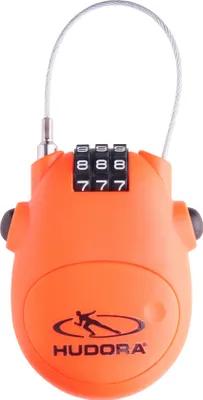A close-up studio shot of an orange combination lock with a cable.