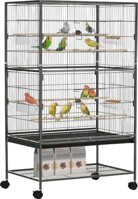 Produktbild von PawHut Vogelkäfig mit Rädern, Metallvoliere mit herausnehmbarem Tablett, 4 Türen, 4 Futterhäuschen, 4 Sitzstangen und Lagerregal, Käfig für Kanariensittiche, 78 x 52 x 132 cm, Dunkelgrau