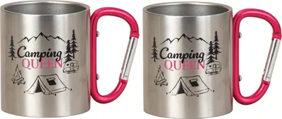 Produktbild von 2 Stück Outdoorbecher mit Karabiner pink Metall 200ml Wanderbecher Tasse Camping