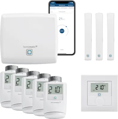 Produktbild von Homematic IP Funk Smart Home Heizungssteuerung Komplettpaket für 5 Heizkörper mit App. Inhalt: Access Point, 5 Heizkörperthermostate, 3 Tür-Fensterkontakte, 1 Wandthermostat. Kompatibel mit Alexa und Google Home.