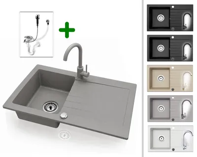 Produktbild von Granitspüle 76x44 cm mit Armatur Grau – Küchenspüle aus Granit, Einbauspüle Eckig, Beidseitig Montierbar, Spülbecken inkl. Siphon Set, Für 45 cm Unterschrank, Kratzfest & Hitzebeständig : Grau