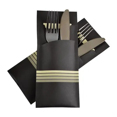 Produktbild von 520x Pochetto Bestecktaschen 200x85mm schwarz champagner Streifen Serviette
