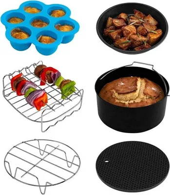 Productafbeelding van Zesdelig accessoirepakket voor een 3,5 liter heteluchtfriteuse: bakvorm, pizzabakplaat, grillrooster, stoomrek, siliconenmat