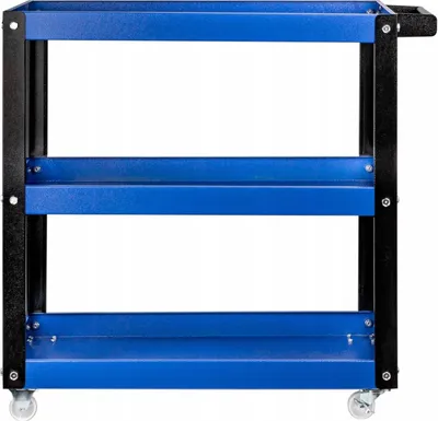 A three-tiered blue and black rolling tool cart is shown against a white background.