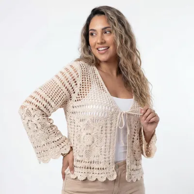 Produktbild von Strickjacke Damen Sommerjacke Häkellook 42 44 46 leichter Cardigan zum binden