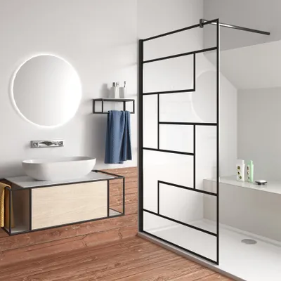 Produktbild von 80x200cm Schwarze unregelmäßige FormDuschabtrennung 8mm Nano ESG Duschwand Duschabtrennung + F Form:140cm Stabilisator