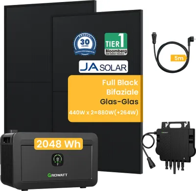 Produktbild von Balkonkraftwerk mit Speicher 2048Wh NOAH 2000 Speicher,1800W PV-Eingangsleistung, 800W Wechselrichter, Jasolar 880W Full Black Bifaziale Solarmodule