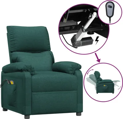 A dark green fabric massage recliner with inset images showing its mechanical components and reclining function.
