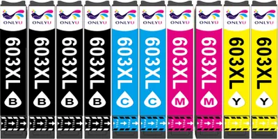 A collection of printer ink cartridges arranged side-by-side.